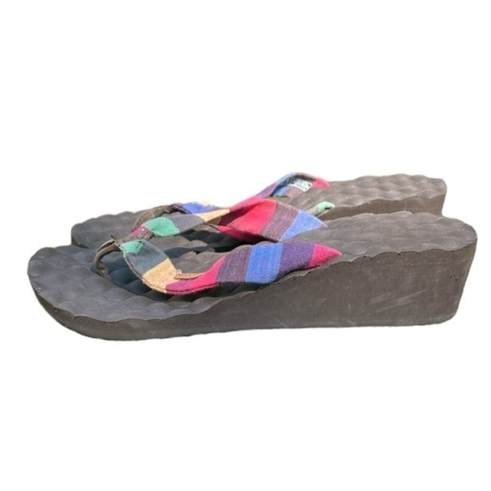 Women’s brown sandals, platform wedges, thong style straps-multi color